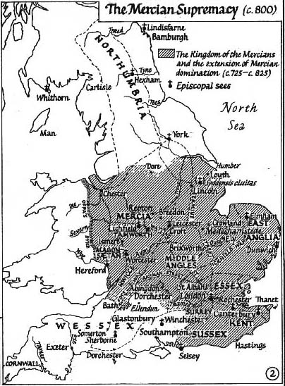 Map of England during the Mercian supremacy, c. 725-800, by Reginald Piggott Map of England during the Mercian supremacy, c. 725-800, by Reginald Piggott
